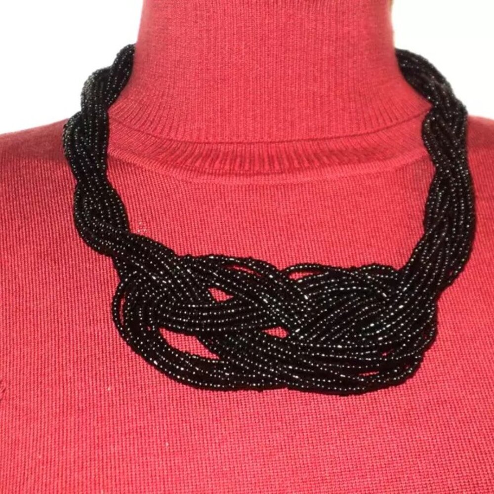 Seed Bead Strand Rope Necklace Czech Black 18" Long + 3" Extender Vintage Goth